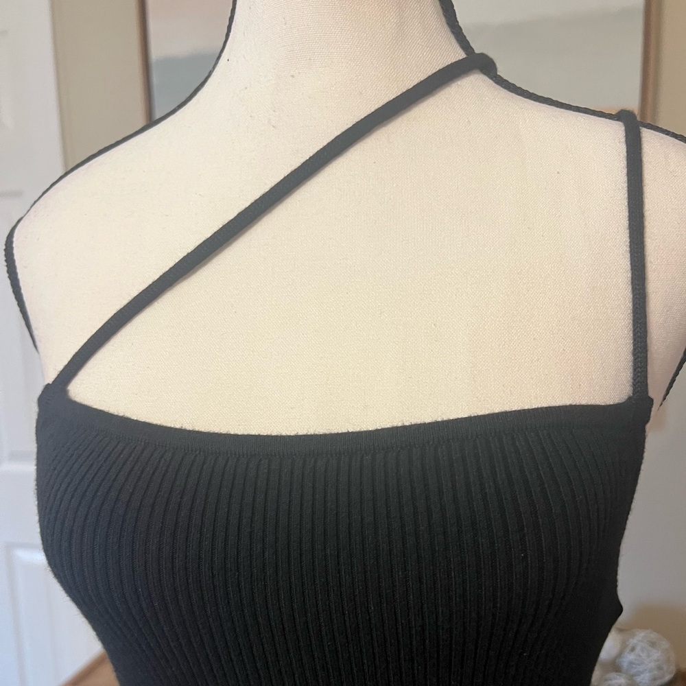 Abercrombie & Fitch Black Ribbed Asymmetrical Strappy Maxi Dress Small Tall - Picture 3 of 12
